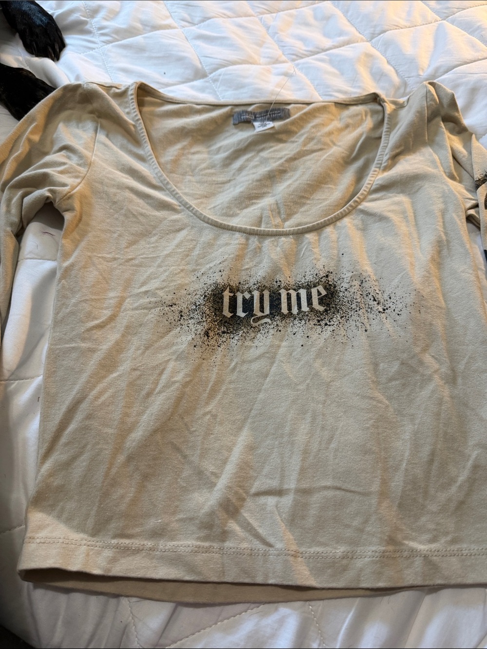 Urban Outfitters Beige Scoop-Neck Crop Top with Black 'try me' Graphic